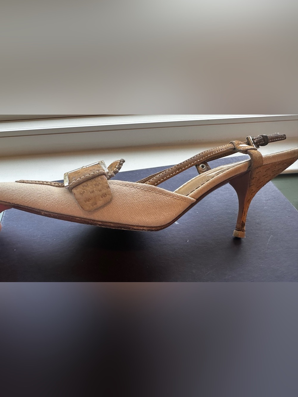 Vintage Prada Beige Canvas Pointed Toe Buckle Slingback Heels - Picture 8 of 16